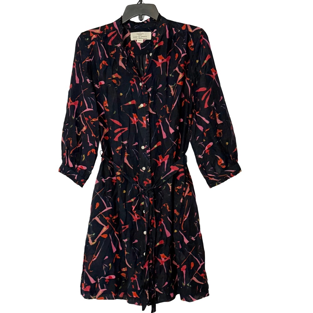 Trovata Birds of Paradis Navy Printed Button Front Tie Waist Shirt Dress - Small